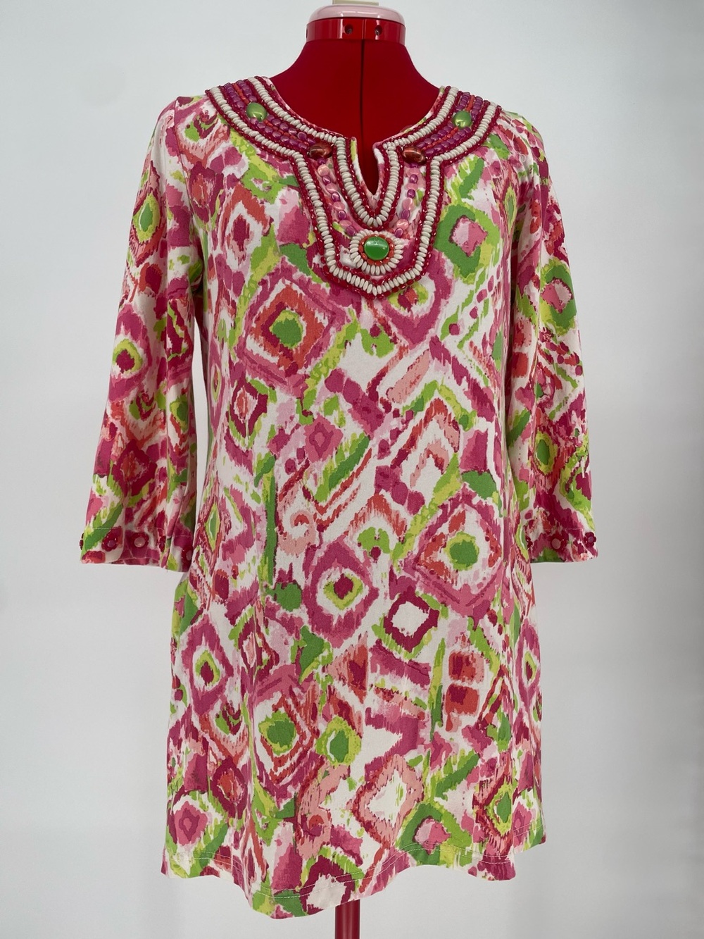 VTG Pink & Green Printed Tunic Top W Chunky Beaded Details On Neckline & Sleeves